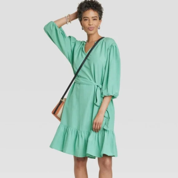 green emerald velvet dress Knox Rose Green Printed Long Sleeve Dress New  Sunrise Pickers